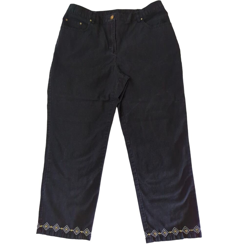 Ruby Rd. Black Stretch Capri Pants Embroidered Sequined Leg Hem Women's Size 10